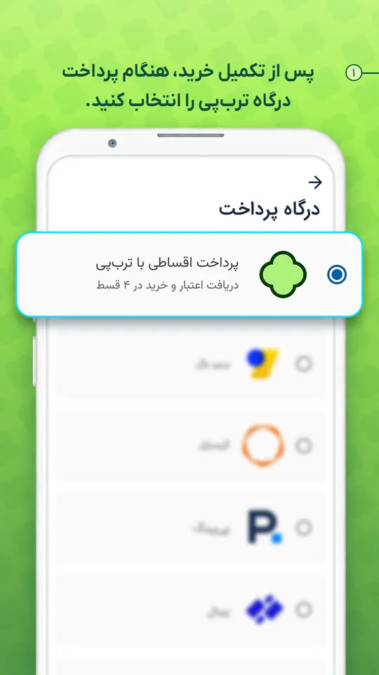 مرحله 1: در مرحله پرداخت، «پرداخت اقساطی با ترب‌پی» را انتخاب کنید